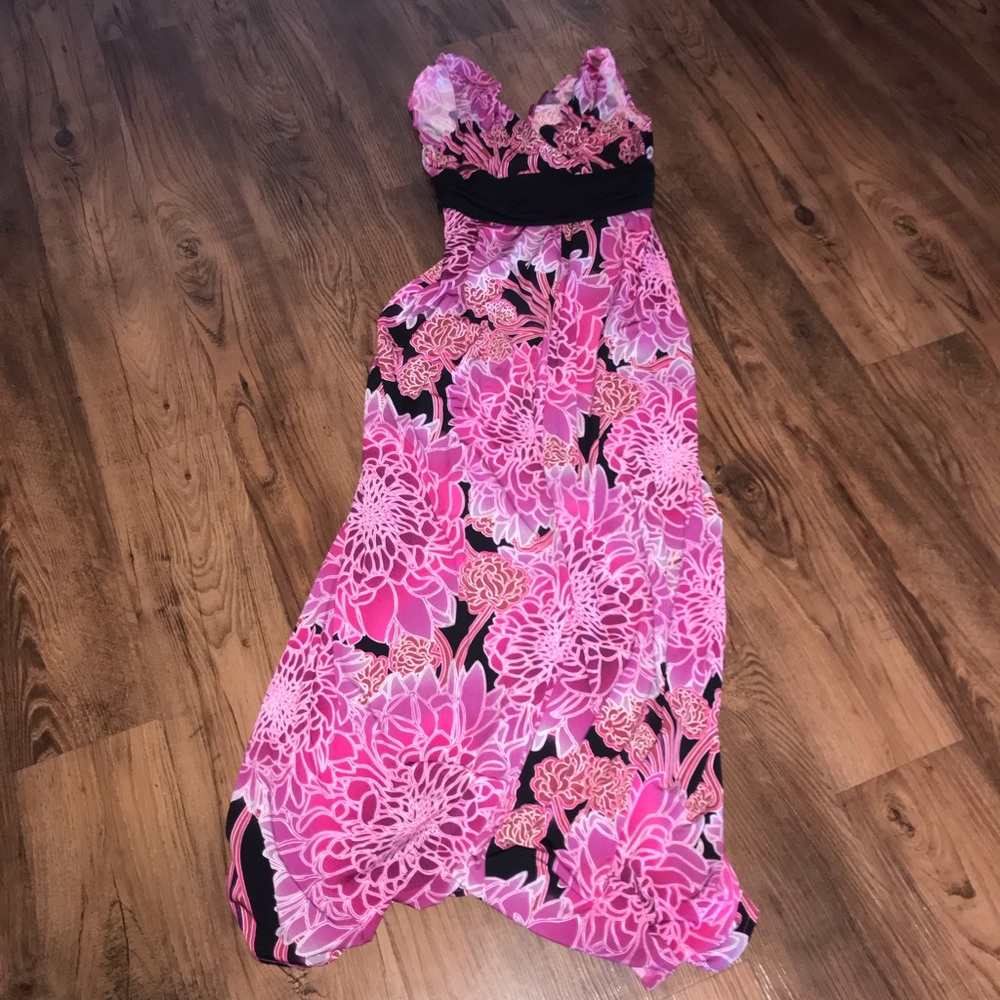 Pink Floral Maxi Dress with Black Waistband